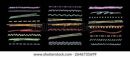 Grunge kid chalk elements, crayon drawing dividers. Scribble crayon lines vector set. Chalk underline lines. Charcoal texture colorful lines isolated on black background. Colored horizontal strokes.