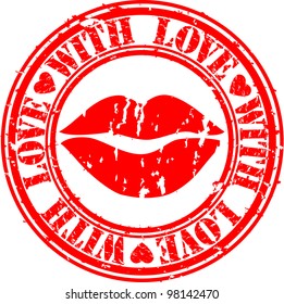 Grunge kiss with love rubber stamp, vector illustration