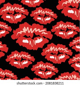 Grunge besar labios rojos ilustración labio rojo patrón sobre el fondo negro diseño de impresión pop punk