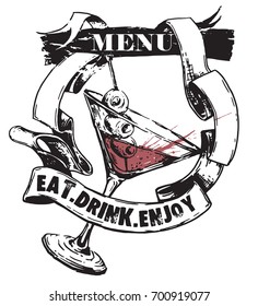 Grunge label for bar menu with a glass of cocktail