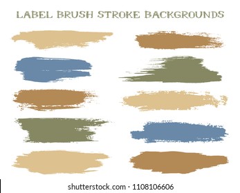 Grunge label brush stroke backgrounds, paint or ink smudges vector for tags and stamps design. Painted label backgrounds patch. Vector ink color palette swatches. Ink smudges, stains, green blue spots