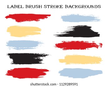 Grunge label brush stroke backgrounds, paint or ink smudges vector for tags and stamps design. Painted label backgrounds patch. Interior colors scheme swatches. Ink dabs, red blue black splashes.
