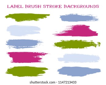 Grunge label brush stroke backgrounds, paint or ink smudges vector for tags and stamps design. Painted label backgrounds patch. Interior paint color palette elements. Ink blue green magenta stains.
