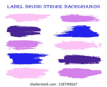 Grunge label brush stroke backgrounds, paint or ink smudges vector for tags and stamps design. Painted label backgrounds patch. Interior colors guide book elements. Ink dabs, violet indigo splashes.