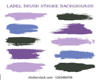 Grunge label brush stroke backgrounds, paint or ink smudges vector for tags and stamps design. Painted label backgrounds patch. Interior paint color palette samples. Ink dabs, violet blue splashes.