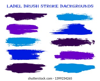 Grunge label brush stroke backgrounds, paint or ink smudges vector for tags and stamps design. Painted label backgrounds patch. Vector ink color palette swatches. Ink dabs, violet cyan blue splashes