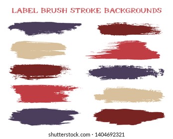 Grunge label brush stroke backgrounds, paint or ink smudges vector for tags and stamps design. Painted label backgrounds patch. Interior colors scheme elements. Ink smudges, red brown stains, spots.