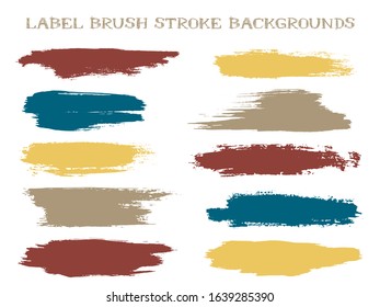 Grunge label brush stroke backgrounds, paint or ink smudges vector for tags and stamps design. Painted label backgrounds patch. Vector ink traces, color combinations. Ink dabs, blue brown splashes.