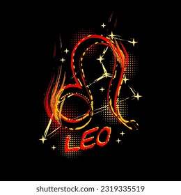 Grunge label with icon of zodiac sign Leo with constellation, text, paint splatter, smudge, brush strokes. Horoscope esoteric element of the element of fire. For decoration in street style