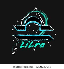 Grunge label with icon of zodiac sign Libra with constellation, text, paint splatter, smudge, brush strokes. Horoscope esoteric element of the element of air. For decoration in street style