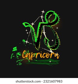 Grunge label with icon of zodiac sign Capricorn with constellation, text, paint splatter, smudge, brush strokes. Horoscope esoteric element of the element of earth. For decoration in street style