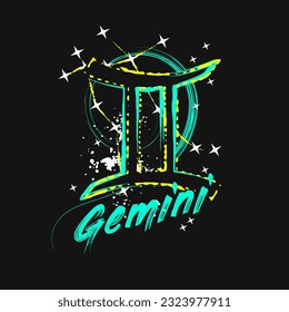 Grunge label with icon of zodiac sign Gemini with constellation, text, paint splatter, smudge, brush strokes. Horoscope esoteric element of the element of air. For decoration in street style