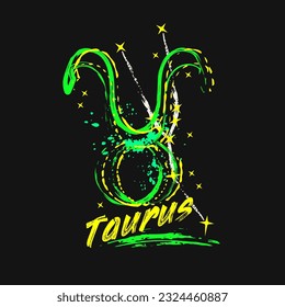 Grunge label with icon of zodiac sign Taurus with constellation, text, paint splatter, smudge, brush strokes. Horoscope esoteric element of the element of earth. For decoration in street style