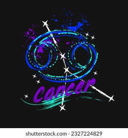 Grunge label with icon of zodiac sign Cancer with constellation, text, paint splatter, smudge, brush strokes. Horoscope esoteric element of the element of water. For decoration in street style