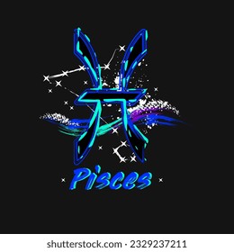 Grunge label with icon of zodiac sign Pisces with constellation, text, paint splatter, smudge, brush strokes. Horoscope esoteric element of the element of water. For decoration in street style