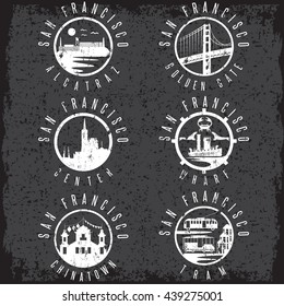 Grunge label set with landmarks of San Francisco California,USA . Wharf , Alcatraz,Business Center ,Golden Gate bridge and Chinatown illustrations.