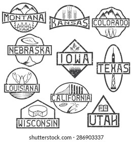 grunge labels of states and landmarks of usa