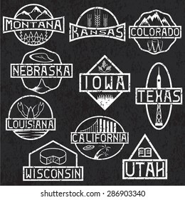 grunge labels of states and landmarks of usa