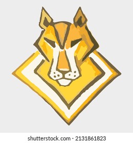 Grunge laconic wolf icon in yellow-orange tonality on a light gray backdrop. Howling wolf head symbol for emblems, embroidery, prints, interior solutions, fabric, textiles, logos, fashion trends, etc.