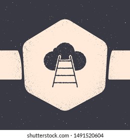 Grunge Ladder leading to cloud icon isolated on grey background. Stairs leading to the cloud. Monochrome vintage drawing. Vector Illustration