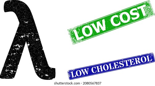 Grunge Lambda Greek lowercase symbol icon and rectangular unclean Low Cost stamp. Vector green Low Cost and blue Low Cholesterol imprints with retro rubber texture,