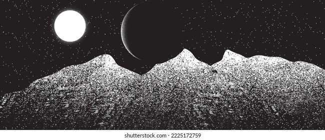 Un paisaje desgarrador. Fondo Cosmo. Vector. Cartel texturado. Fondo digital futurista. Efecto de niebla. Resumen, afiche salpicado, sucio, ciberpunk para tu diseño. Superposición de textura