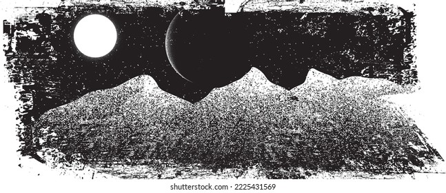 Grunge landscape. Cosmo background. Vector. Textured banner . Futuristic digital background. Grungy effect . Abstract,splattered , dirty,cyber punk poster for your design. Overlay texture