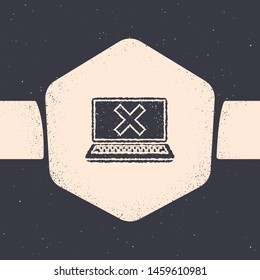 Grunge Laptop and cross mark on screen icon isolated on grey background. Error window, exit button, cancel, 404 error page not found concept. Monochrome vintage drawing. Vector Illustration