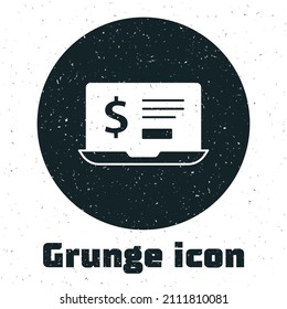 Grunge Laptop with dollar icon isolated on white background. Sending money around the world, money transfer, online banking, financial transaction. Monochrome vintage drawing. Vector