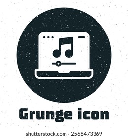 Grunge Laptop with music note symbol on screen icon isolated on white background. Monochrome vintage drawing. Vector