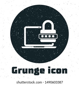 Grunge Laptop with password notification and lock icon isolated on white background. Security, personal access, user authorization, login form.  Vector Illustration