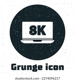 Grunge Laptop screen with 8k video technology icon isolated on white background. Monochrome vintage drawing. Vector