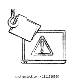 grunge laptop technology with caution sign and folder hook