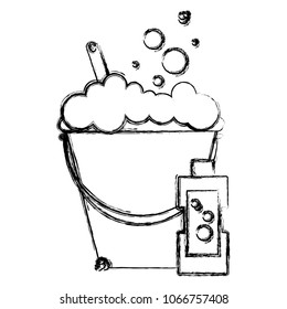 grunge laundry bursh inside pail and detergent bottle