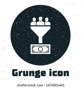 Grunge Lead management icon isolated on white background. Funnel with people, money. Target client business concept.  Vector Illustration