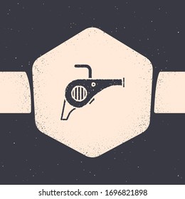 Grunge Leaf garden blower icon isolated on grey background. Monochrome vintage drawing. Vector Illustration