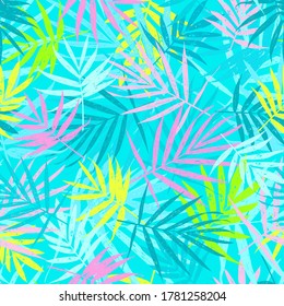 Grunge leaves pattern. Tropical foliage background. Tropic flora. Exotic leaf. Leaves fabric design. Chamaedorea palm leaf.