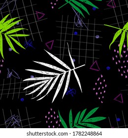 Grunge leaves pattern. Tropical foliage background. Tropic flora. Exotic leaf. Leaves fabric design. Chamaedorea palm leaf.