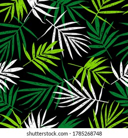 Grunge leaves pattern. Tropical foliage background. Tropic flora. Exotic leaf. Leaves fabric design. Chamaedorea palm leaf.