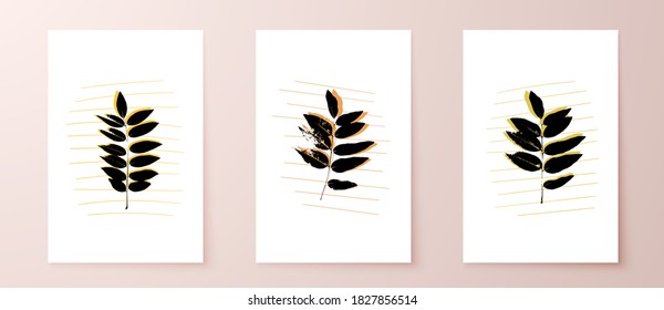 Grunge leaves postcard set. Abstract foliage for cards, covers, wall art or posters. Pastel colors backgrounds. Sophora tree leaf. Sophora japonica foliage.