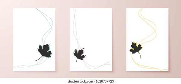 Grunge leaves postcard set. Abstract foliage for cards, covers, wall art or posters. Pastel colors backgrounds. Black currant bush leaf.