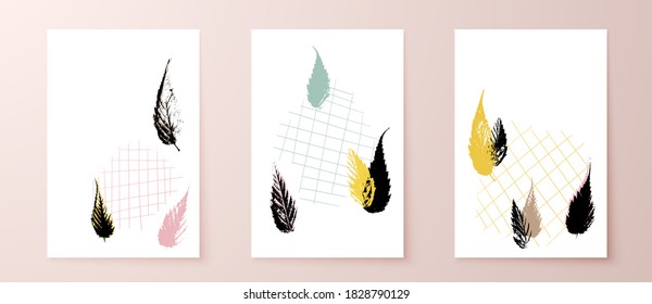 Grunge leaves postcard set. Abstract foliage for cards, covers, wall art or posters. Pastel colors backgrounds. Kerria japonica pleniflora leaf.