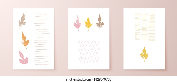 Grunge leaves postcard set. Abstract foliage for cards, covers, wall art or posters. Pastel colors backgrounds. Hibiscus leaf. Hibiscus syriacus foliage.