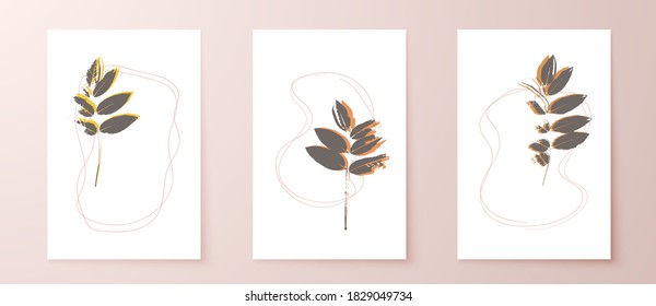 Grunge leaves postcard set. Abstract foliage for cards, covers, wall art or posters. Pastel colors backgrounds. Sophora tree leaf. Sophora japonica foliage.