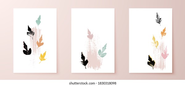 Grunge leaves postcard set. Abstract foliage for cards, covers, wall art or posters. Pastel colors backgrounds. Hibiscus leaf. Hibiscus syriacus foliage.