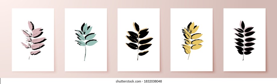 Grunge leaves postcard set. Abstract foliage for cards, covers, wall art or posters. Pastel colors backgrounds. Sophora tree leaf. Sophora japonica foliage.