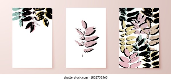 Grunge leaves postcard set. Abstract foliage for cards, covers, wall art or posters. Grunge leaf. Trendy greeting cards. Pastel colors backgrounds. Sophora tree leaf. Sophora japonica foliage.