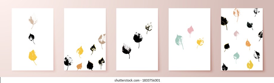 Grunge leaves postcard set. Abstract foliage for cards, covers, wall art or posters. Pastel colors backgrounds. Apricot tree leaf. Apricot foliage.