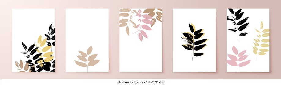 Grunge leaves postcard set. Abstract foliage for cards, covers, wall art or posters. Pastel colors backgrounds. Sophora tree leaf. Sophora japonica foliage.