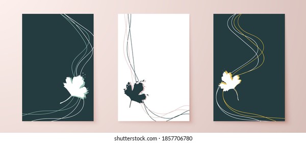 Grunge leaves postcard set. Abstract foliage for cards, covers, wall art or posters. Pastel colors backgrounds. Black currant bush leaf.